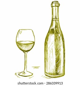 Vector image of bottle and glass of wine