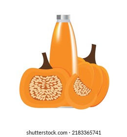 imagen vectorial de una botella con jugo de naranja y calabaza a su lado. calabaza en un corte cerca de una botella de vidrio con jugo de calabaza.