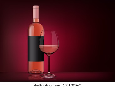 Vector image of a bottle of pink wine with label and a full glass goblet in photorealistic style on a red dark background. 3d realism illustration