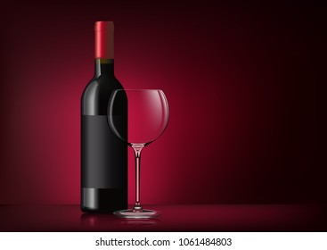 Vector image of a bottle of red wine with label and a glass goblet in photorealistic style on a red dark background. 3d realism illustration