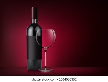 Vector image of a bottle of red wine with label and a glass goblet in photorealistic style on a red dark background. 3d realism illustration