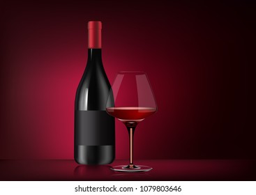 Vector image of a bottle of red wine with label and a full glass goblet in photorealistic style on a red dark background. 3d realism illustration