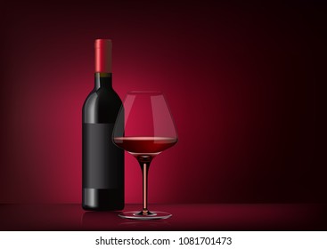 Vector image of a bottle of red wine with label and a full glass goblet in photorealistic style on a red dark background. 3d realism illustration