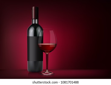 Vector image of a bottle of red wine with label and a full glass goblet in photorealistic style on a red dark background. 3d realism illustration