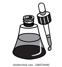 Vektorillustration-Bild einer Flasche mit ungewöhnlichem Formular mit Pipette. Flasche für Medizin, Öl oder Farben einzeln auf weißem Hintergrund.