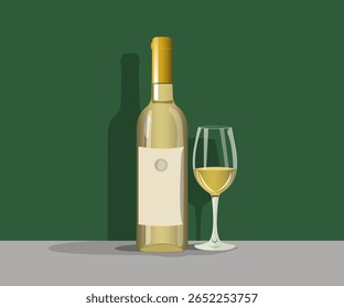 Vector image  bottle of white  wine and  glass. Alcoholic drink in a flat style. Image on isolated background.