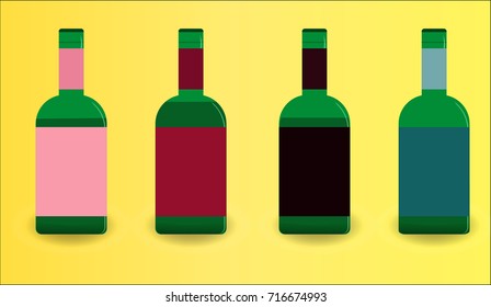 Vector image of bottles of alcohol with labels of different colors.
