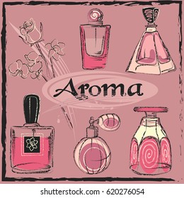 Vector image of bottles with perfume in pink colors.Aroma