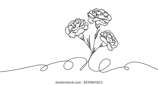 Vector image of a bouquet of carnations, in a linear style, drawn with one line.