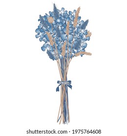 vector image of a bouquet of dried flowers in boho style in blue and beige with a bow