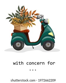 Vector image of a bouquet of foliage or plants in a box, standing on the seat of a scooter with a meaningful inscription. The concept of delivering goods on the best terms. EPS 10