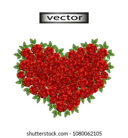 Vector image. Bouquet of roses in the form of red heart, top view, wedding decor, decoration for celebrations, anniversaries. Realistic 3D illustration isolated on white background.