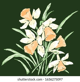 Vector image of bouquet spring narcissuses sketches
