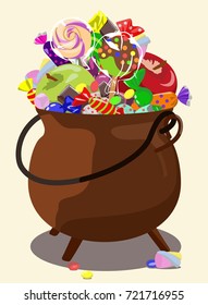 Vector image of a bowler hat, inside of which are sweets, chocolate, apples, marshmallow, candies for the holiday of Halloween on light background. Icon. Happy Halloween.