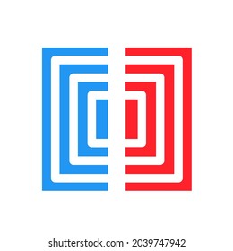 Vector image of a box shaped logo cut in red and blue colors.