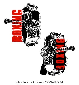 Vector image of the boxer. Direct stroke. Inscription: boxing. Old boxing school. Illustrations for t shirt print. Cool grunge print. Black tribal tattoo. Vector color illustration.