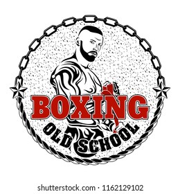Vector image of the boxer. Inscription: boxing and old school. Illustrations for t-shirt print, textiles, prints, other uses. Cool grunge print. Vector color illustration.