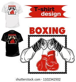 Vector image of boxing gloves, ring and male hands. Old boxing school. Illustrations for t-shirt print, textiles, prints, other uses. Cool grunge print. Vector color illustration.