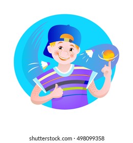 Vector image.gay boy with a ball and birdies. The athlete spins the ball on his finger