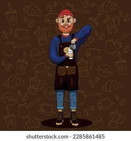 Vector image of a boy barista in a characteristic apron pouring milk into a cup of coffee.
