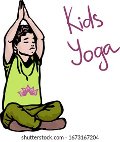  vector image of a boy doing yoga in a t-shirt with an om sign. Yoga kids. Gymnastics for children and healthy lifestyle. Vector illustration.
