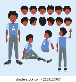 A vector image of a boy with facial expressions and a few poses for personal or commercial use.