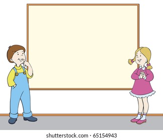 Vector image. Boy and a girl near the framework in the form of posters