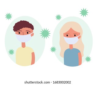 Vector image of a boy and a girl wearing masks. Virus, microbes, mask, coronavirus, covid 19, virus protection, distance