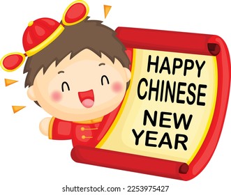 a vector of  image of a boy holding a big new year bannered Artwork
