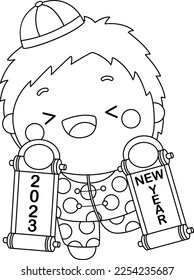 a vector of image of a boy holding new year banner in black and white coloring
