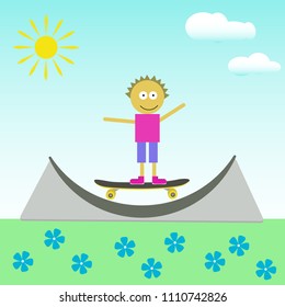 Vector image of a boy on a skateboard. Illustration about summer and rest