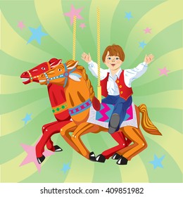 Vector image of a boy riding on a horse on the carousel