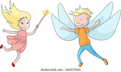 Vector image of a boy with wings and a girl who can fly with a magic wand