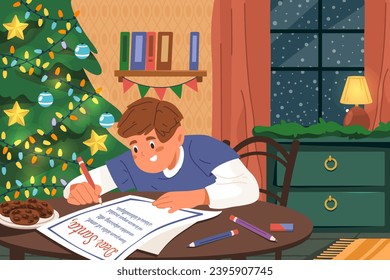 Vector image of boy writing letter to Santa Claus. Christmas card with kid write correspondence for present or gift. Winter holiday or merry Xmas postcard. Wintertime festive and Christmas time.