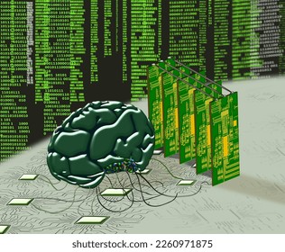 Vector image of brain attached to a computer chip