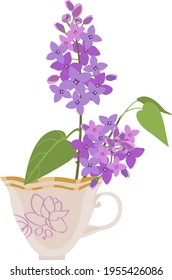  vector image of a branch of blooming lilacs in a tea cup
