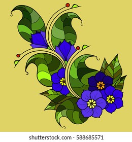 Vector image. Branch with flowers, doodling flower color option.