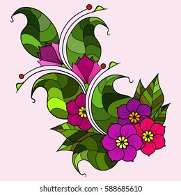 Vector image. Branch with flowers, doodling purple flower color option.