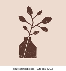 Imagen vectorial de una rama en un jarrón. Marrón en beige. Flores caseras, granate, minimalismo, decoración, comodidad en casa, minimalismo, silueta, vintage. Eps10
