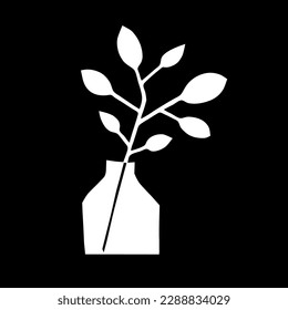 Vector image of a branch in a vase. White on black. Indoor plants, bouquet, minimalism, decor, home comfort, minimalism, silhouette, graphics. Eps10