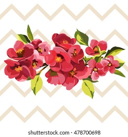 Vector image of branches of apple blossom on a white background with zigzags. Abstract background. Decoration element.
