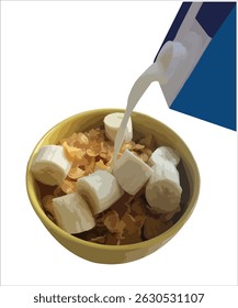 vector image breakfast Oatmeal bowl. with banana, and almond milk for healthy breakfast or lunch. Healthy food, diet. Top view. 