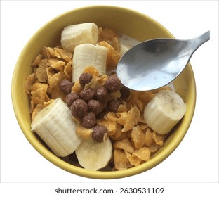 vector image breakfast Oatmeal bowl. with banana, and almond milk for healthy breakfast or lunch. Healthy food, diet. Top view. 