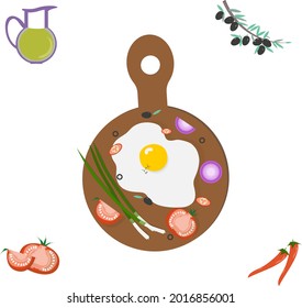 Vector image of breakfast with scrambled eggs, tomatoes, hot peppers and olives. Jug with olive oil and a branch of olives with leaves