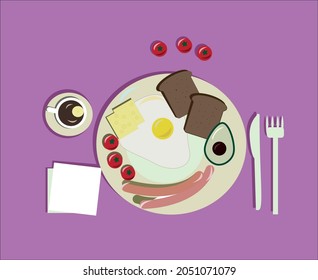 vector image of breakfast, scrambled eggs, coffee, sausages, avocado