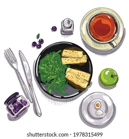 Vector image of breakfast in a sketchy drawing style. The table shows plates with sandwiches and arugula, tea and jam, a plate with eggs. fork and knife