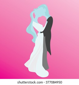vector image of a bride and groom kissing on a pink background