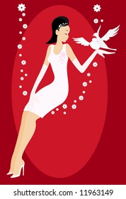 vector image of bride in white dress with two doves
