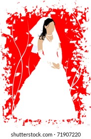 Imagen vectorial de la novia con un vestido blanco contra un fondo de ramas