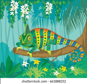 Vector image of bright Chameleon sitting on branch in tropical forest